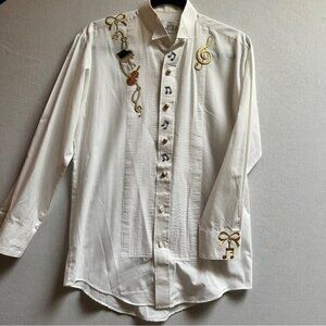 Vintage Chaplin women's embroidered musical notes piano violin white shirt Sz S